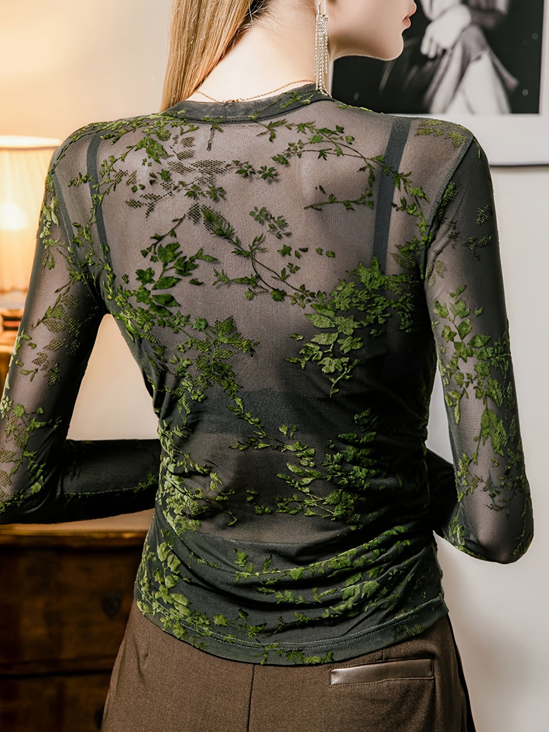 Damen Transparente Mesh Bluse Mit Blumenmuster Ärmeln
