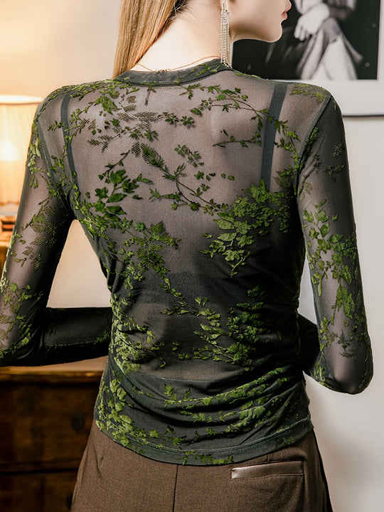 Damen Transparente Mesh Bluse Mit Blumenmuster Ärmeln