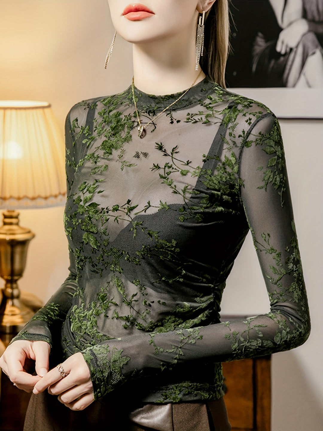 Damen Transparente Mesh Bluse Mit Blumenmuster Ärmeln