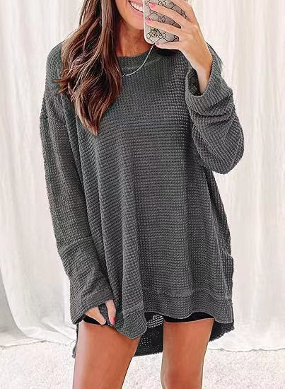 Damen Langärmliger Waffelstrick-Pullover mit offenem Schnitt und Seitenschlitzen Fudus