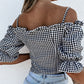 Fudus | Damen Off Shoulder Bluse Mit Rüschendetails Und Karomuster