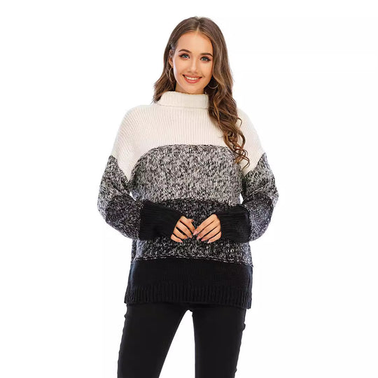 Damen kuscheliger Strickpullover mit hohem Kragen und modischem Farbblockdesign Fudus