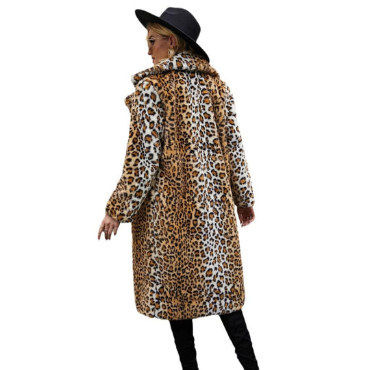 Damen Langer Mantel mit Leopardenmuster und weichem Kunstfell Fudus