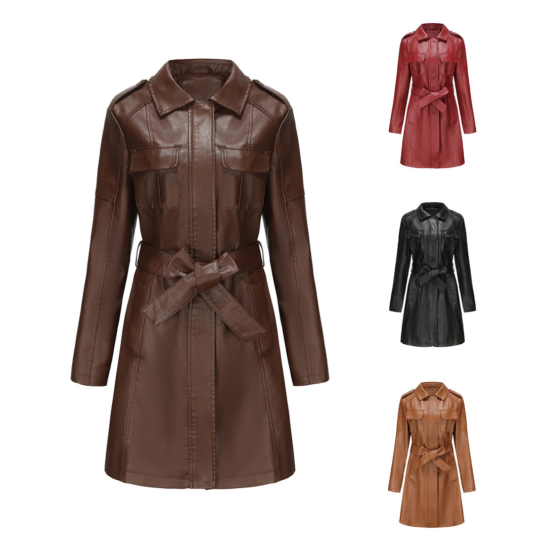 Damen modischer Leder-Trenchcoat Fudus