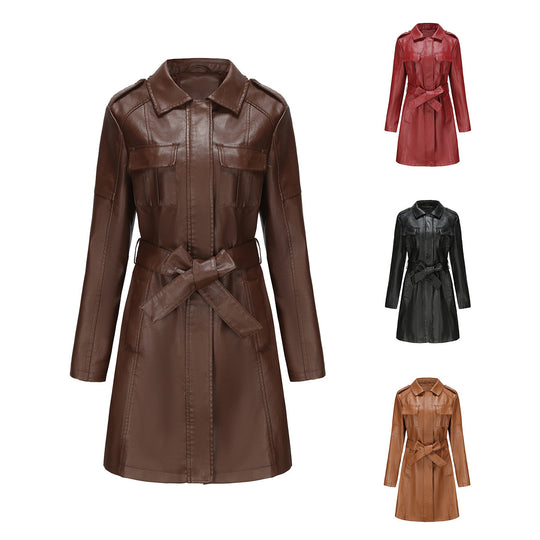 Damen modischer Leder-Trenchcoat Fudus