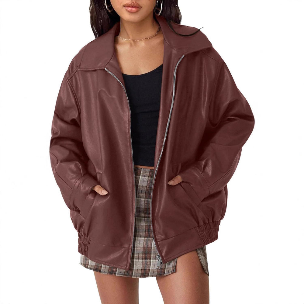 Damen lässige Lederjacke mit praktischen Taschen und hohem Kragen Fudus