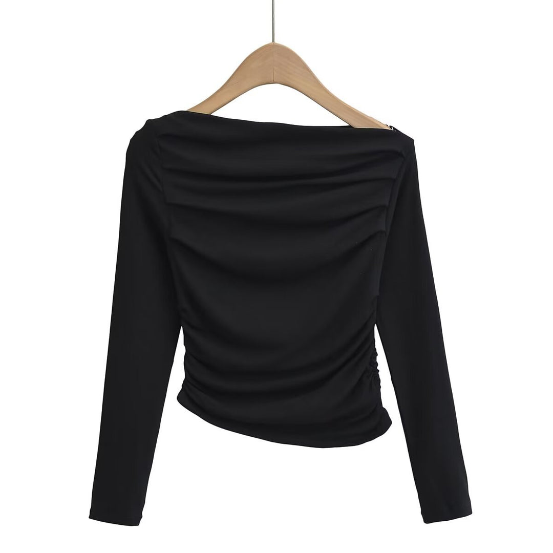 Damen langärmliges Oberteil mit gerafftem Design und asymmetrischem Ausschnitt Fudus