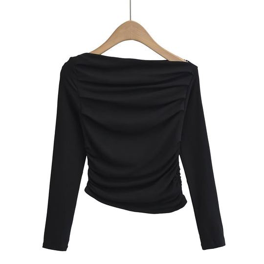 Damen langärmliges Oberteil mit gerafftem Design und asymmetrischem Ausschnitt Fudus