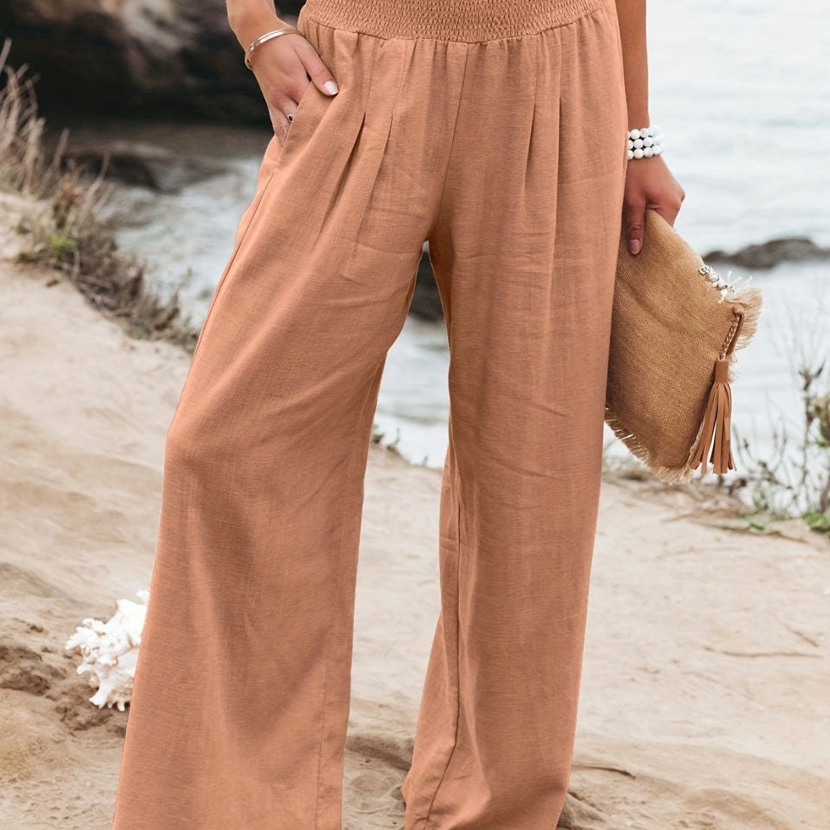 Damen Lange Weite Leinenhose mit Elastischem Bund