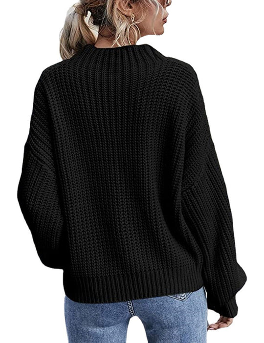 Damen Grobstrickpullover mit hohem Kragen und dekorativem Zopfmuster Fudus
