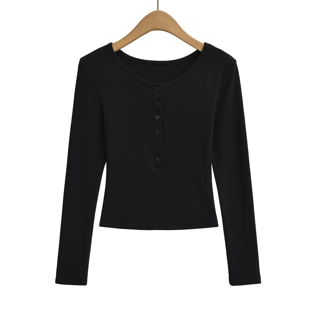 Damen Langarmoberteil mit knöpfbarem Ausschnitt und lässigem Schnitt Fudus