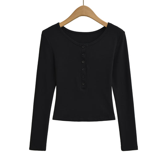 Damen Langarmoberteil mit knöpfbarem Ausschnitt und lässigem Schnitt Fudus