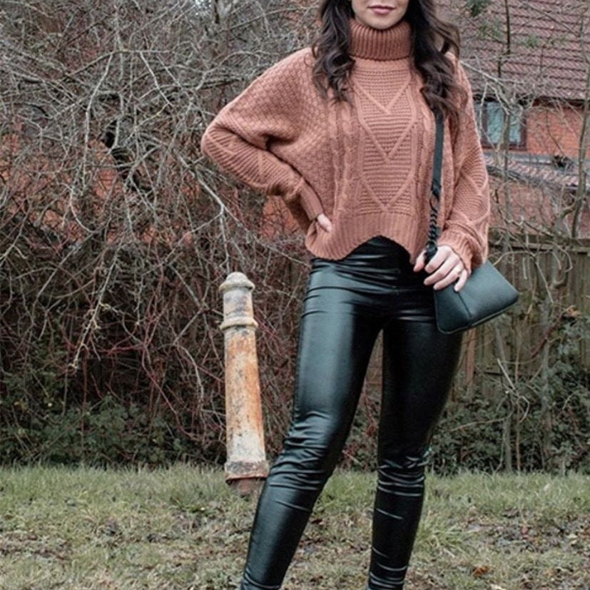 Damen Grobstrick-Pullover mit hohem Kragen und Zopfmuster Fudus