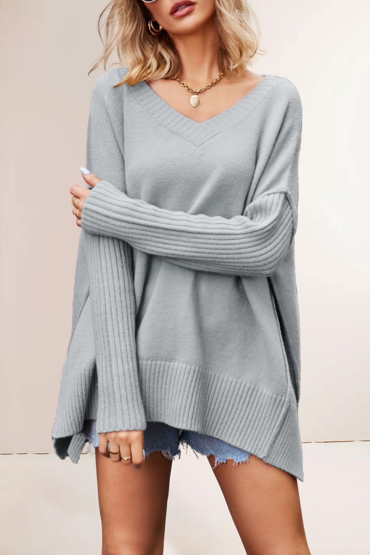 Damen oversized V-Ausschnitt Pullover mit strukturierten Ärmeln Fudus