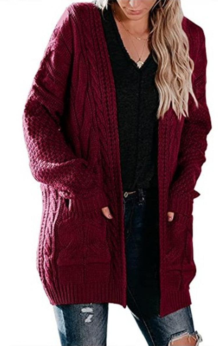 Damen Grobstrick Cardigan mit modernem Zopfmuster und großen Taschen Fudus