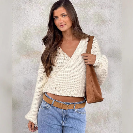 Damen kuscheliger Strickpullover mit modernem Wickeldesign Fudus