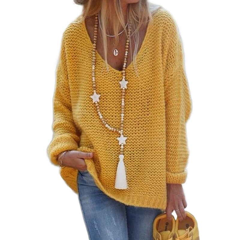 Damen Grobstrickpullover mit tiefem V-Ausschnitt und lässigem Schnitt Fudus