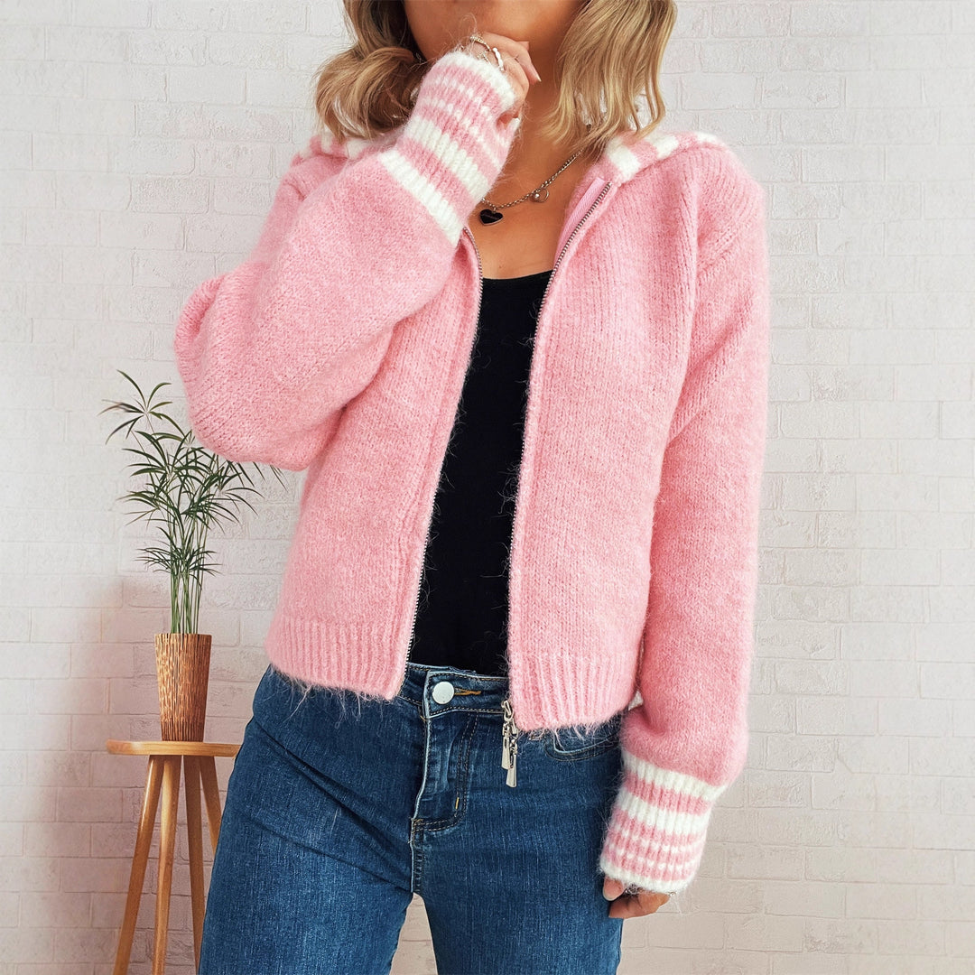 Damen kuschelige Strickjacke mit stilvollem Reißverschluss und modischen Streifen Fudus