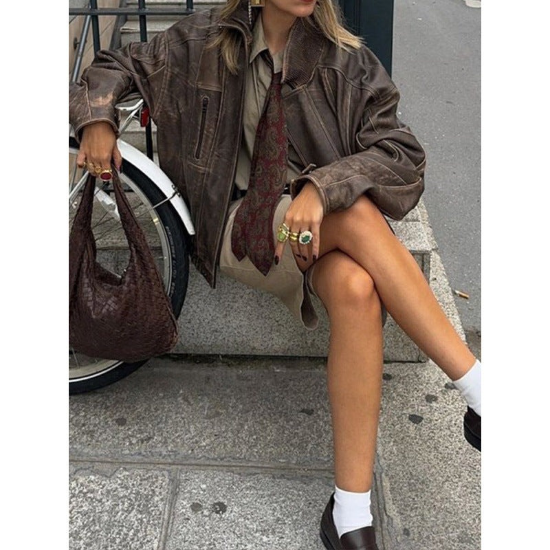 Damen Lässige Lederjacke im Vintage-Stil mit elastischem Bund Fudus