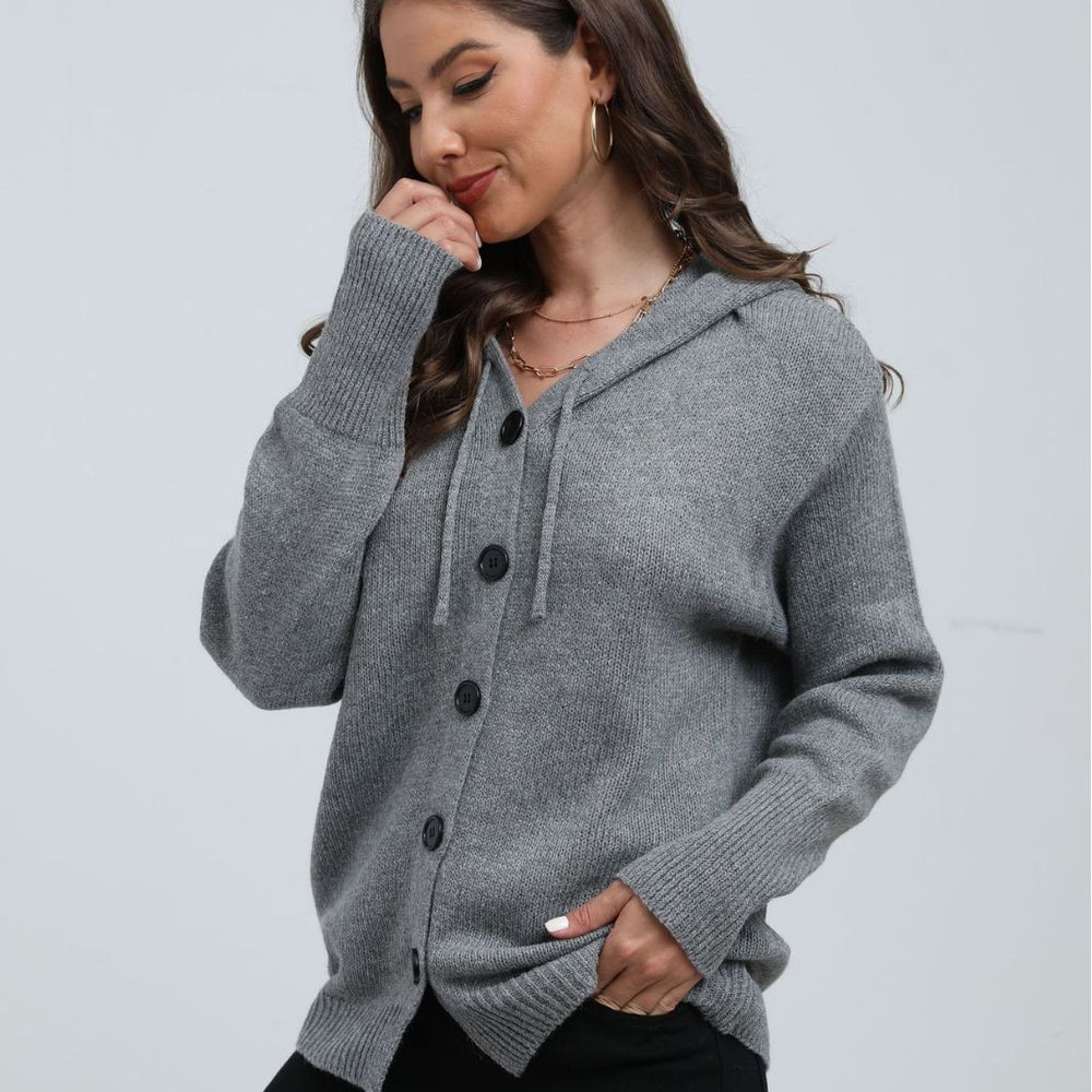 Damen Kapuzenstrickjacke mit Knopfverschluss und breitem Rippmuster Fudus