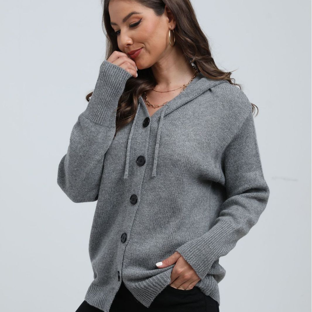 Damen Kapuzenstrickjacke mit Knopfverschluss und breitem Rippmuster Fudus