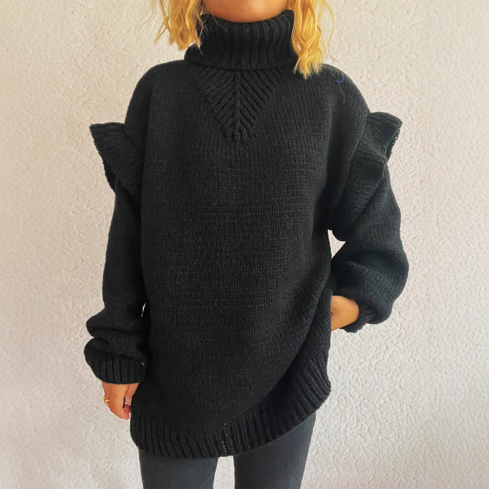 Damen kuscheliger Strickpullover mit Rüschenärmeln und hohem Kragen Fudus
