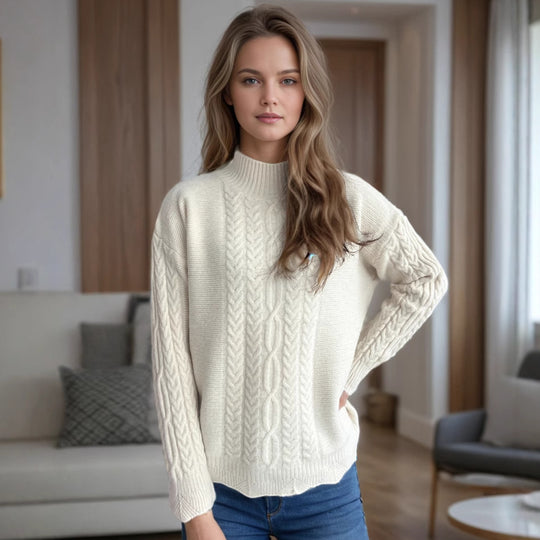 Damen kuscheliger Strickpullover mit modernem Zopfdesign und Rundhalsausschnitt Fudus