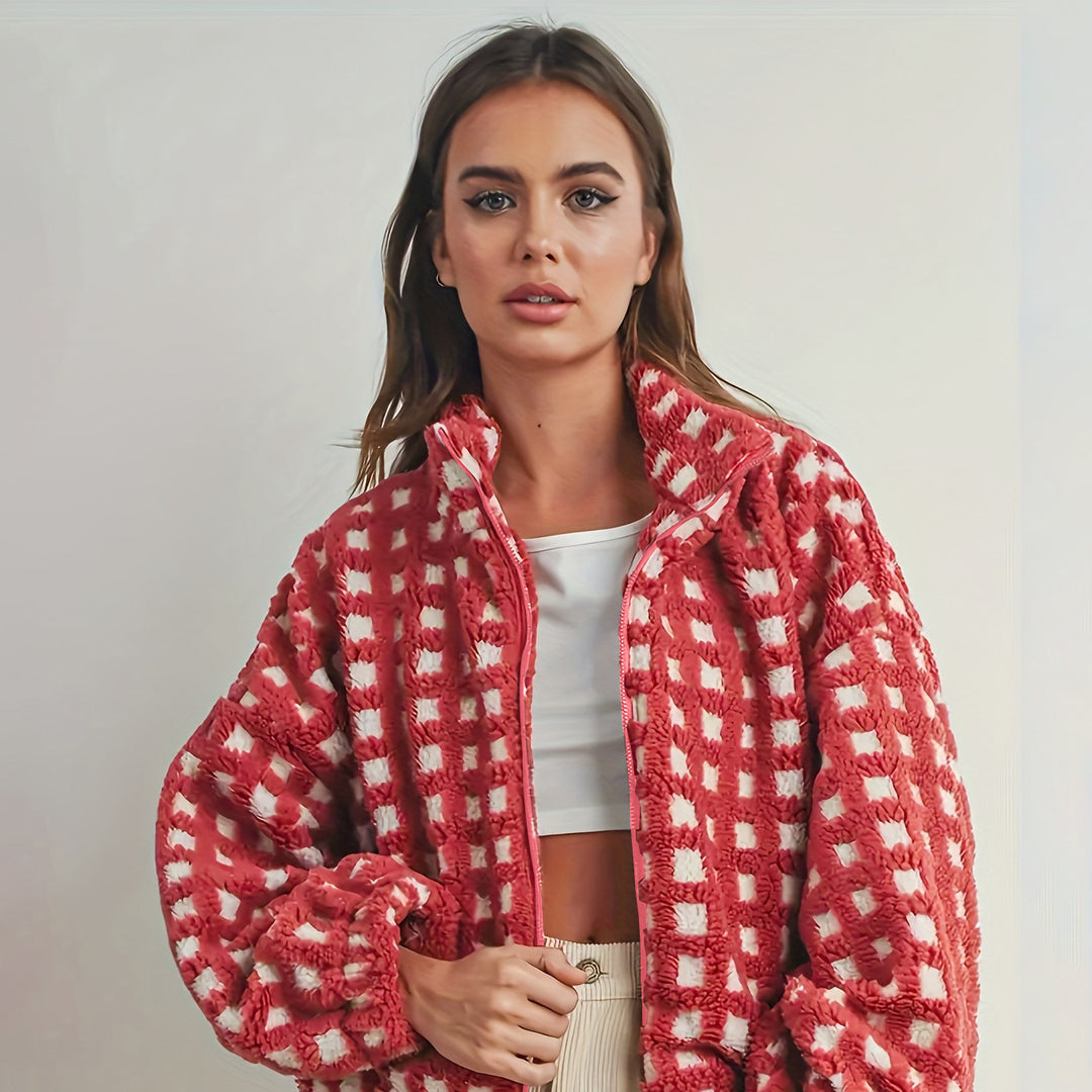 Damen kuschelige Oversized Fleecejacke mit Karomuster und hohem Kragen Fudus