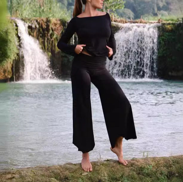 Damen Hose Jersey Weit Geschnitten Seitliche Taschen Elastischer Bund