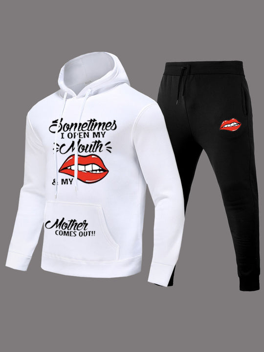 Damen Hoodie und Jogginghose Set mit kreativem Lippenmotiv Fudus