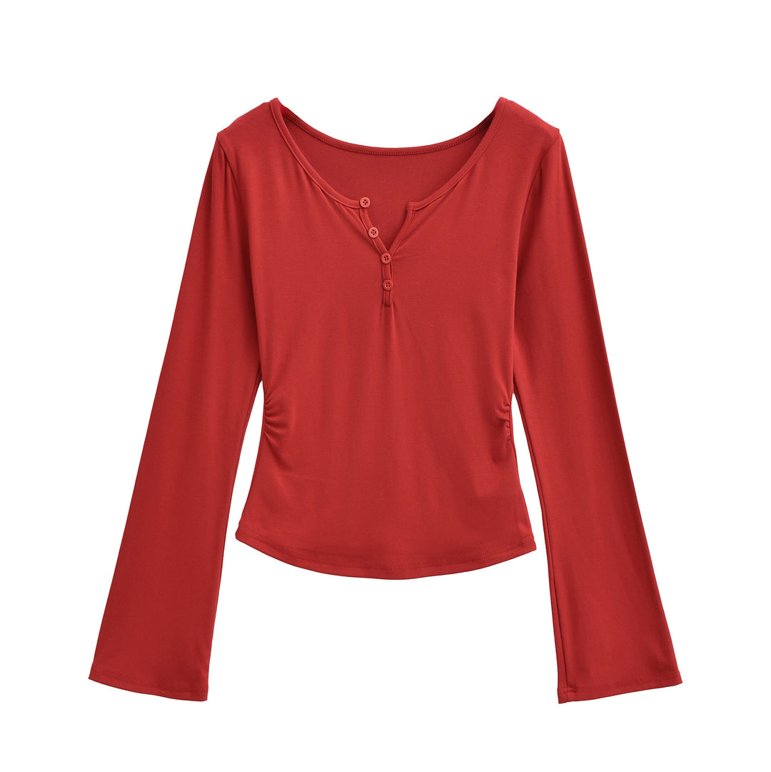 Damen langärmliges Oberteil mit dekorativen Knöpfen Fudus