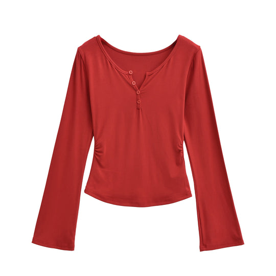 Damen langärmliges Oberteil mit dekorativen Knöpfen Fudus