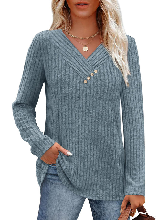 Damen Langärmliges V-Ausschnitt Oberteil Fudus