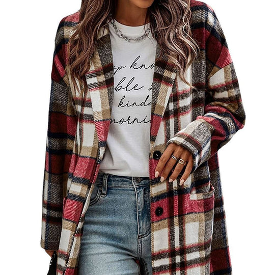Damen Modischer Karomantel mit tiefem Kragen und praktischen Taschen Fudus