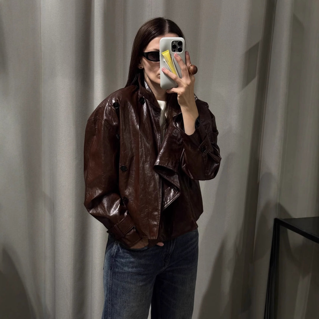 Damen Kunstlederjacke mit asymmetrischem Schnitt und dekorativen Knöpfen Fudus