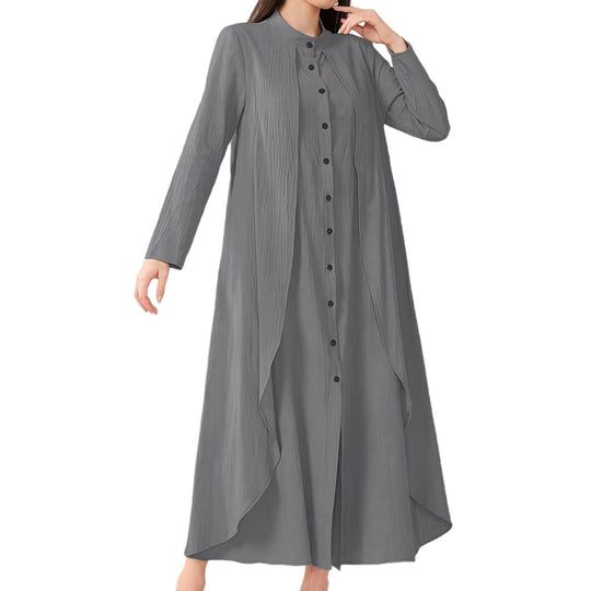 Damen Langarm-Blusenkleid mit asymmetrischem Schnitt und Knopfleiste Fudus