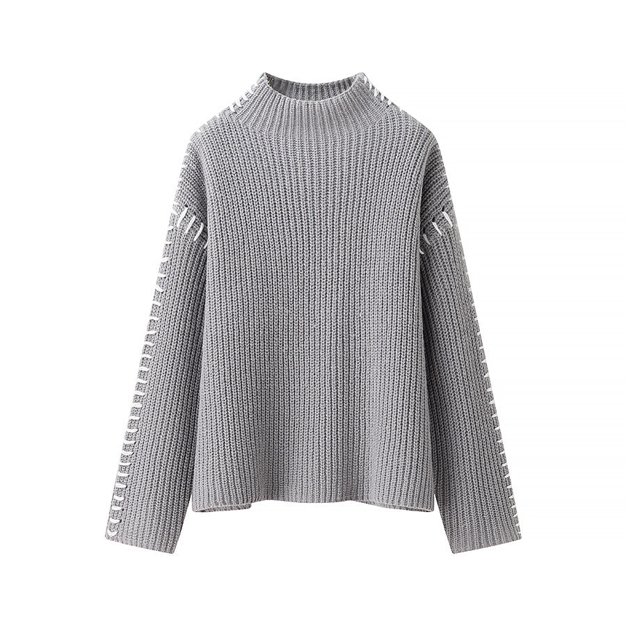 Damen kuscheliger Strickpullover mit elegantem Rollkragen und modischen Einsätzen Fudus