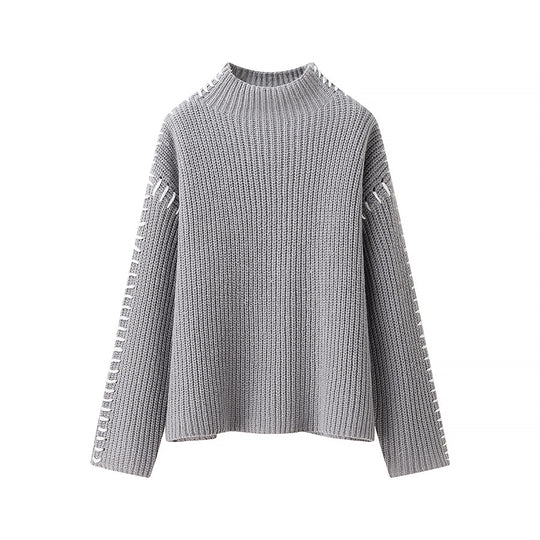 Damen kuscheliger Strickpullover mit elegantem Rollkragen und modischen Einsätzen Fudus