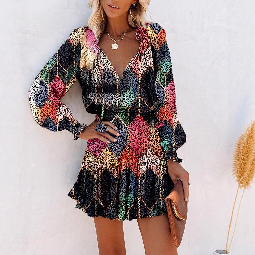 Damen Kleid mit V-Ausschnitt und voluminösen Ärmeln Fudus