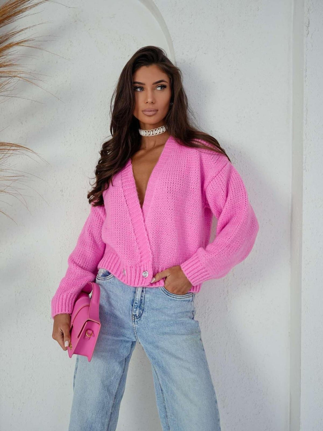 Damen kuschelige Strickjacke mit lockerer Passform und tiefem V-Ausschnitt Fudus