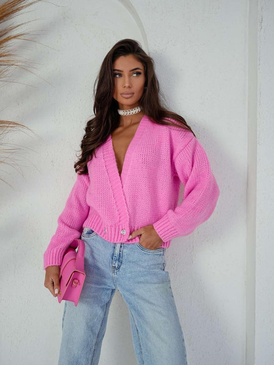 Damen kuschelige Strickjacke mit lockerer Passform und tiefem V-Ausschnitt Fudus