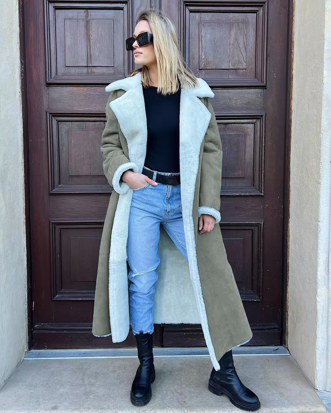 Damen Langer Fleece-Mantel mit Umlegekragen Fudus