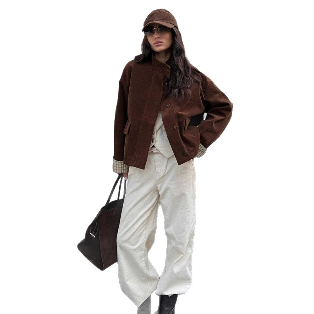 Damen lässige Cordjacke mit einzigartigem Schnitt und modischen Details Fudus