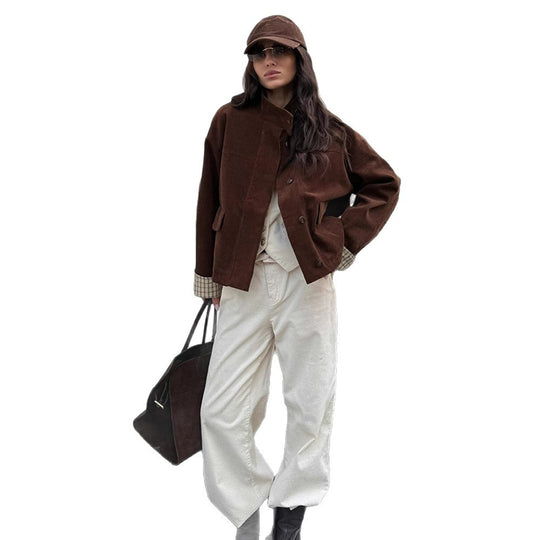 Damen lässige Cordjacke mit einzigartigem Schnitt und modischen Details Fudus