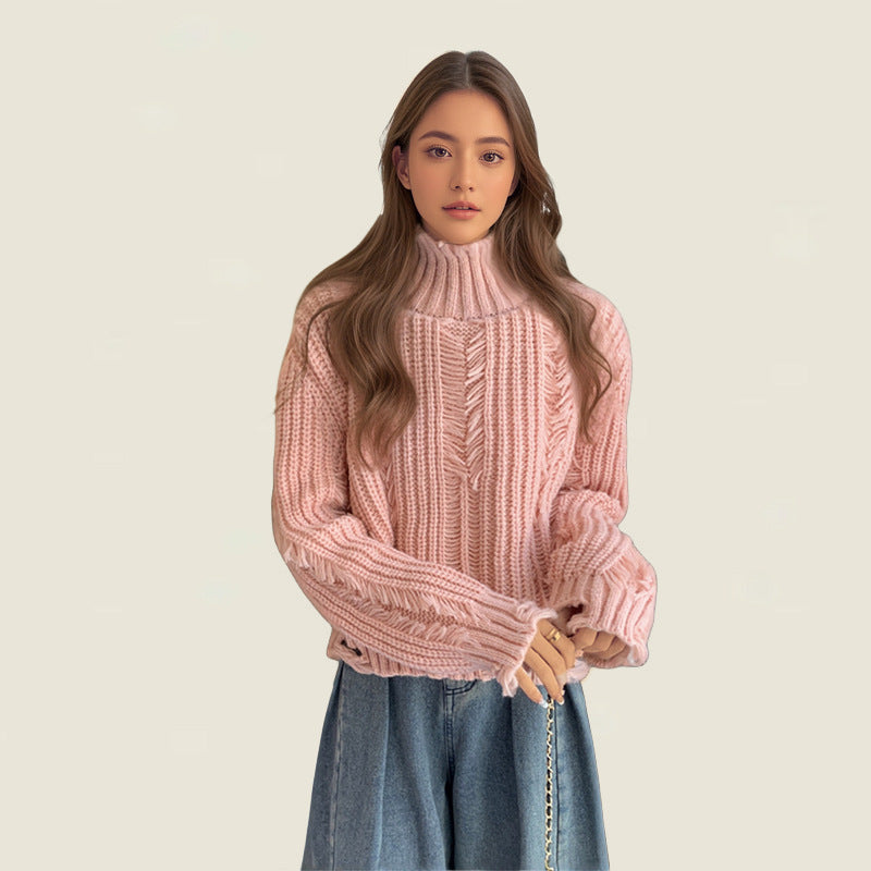 Damen Grobstrickpullover mit hohem Kragen und strukturiertem Design Fudus