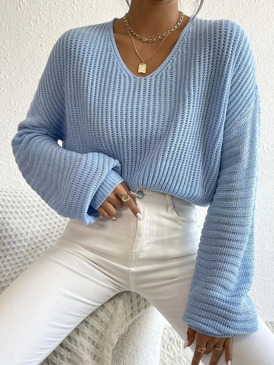 Damen Grobstrickpullover mit tiefem V-Ausschnitt und lässigen Ärmeln Fudus