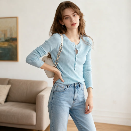 Damen Langarmshirt mit Knopfleiste und Rippstruktur Fudus