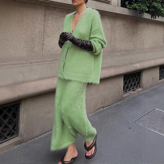 Damen kuschelige Strickjacke und Wadenlanger Rock Set Fudus