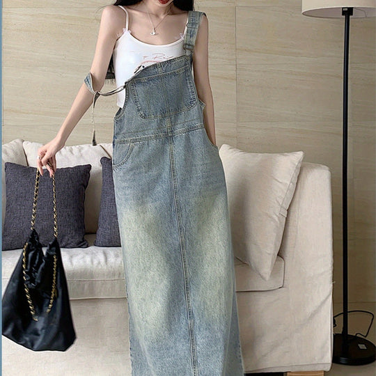 Damen Langer Denim-Overall mit Verstellbaren Trägern & Tiefen Taschen