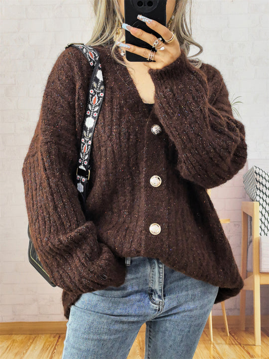 Damen Grobstrickjacke mit modischen Knöpfen und lässigem Schnitt Fudus